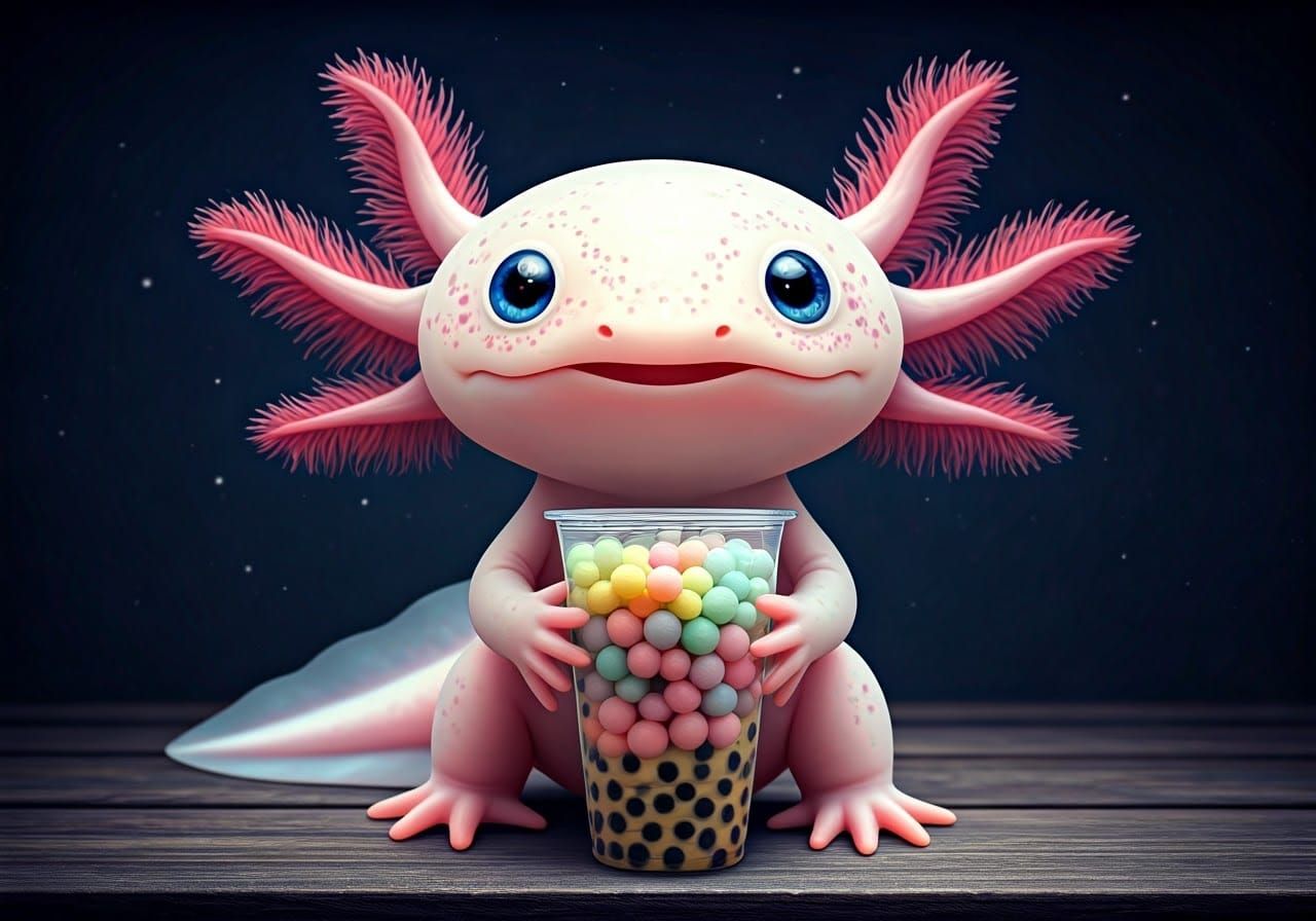 Axolotl Creature with Bubble Tea: Whimsical Digital Art