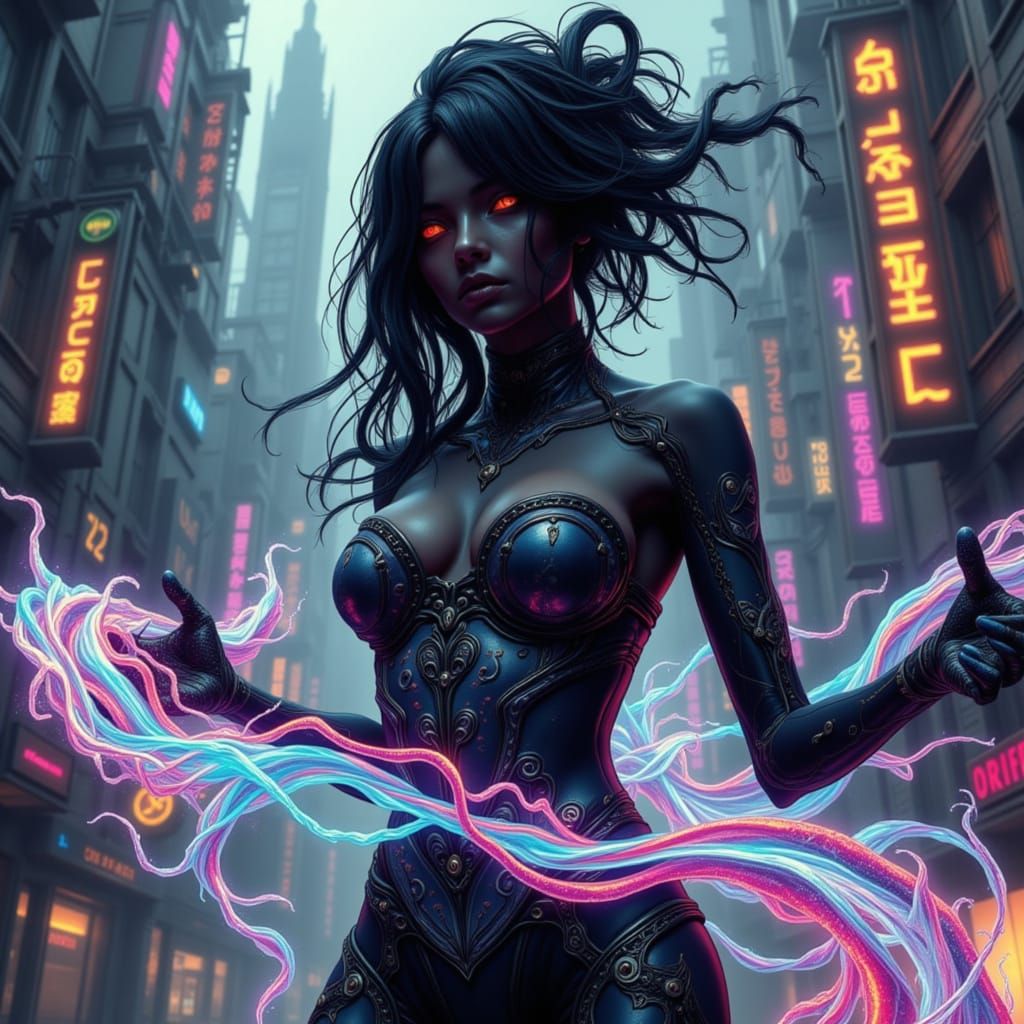 Dark-Skinned Android Witch with Cybernetic Enhancements