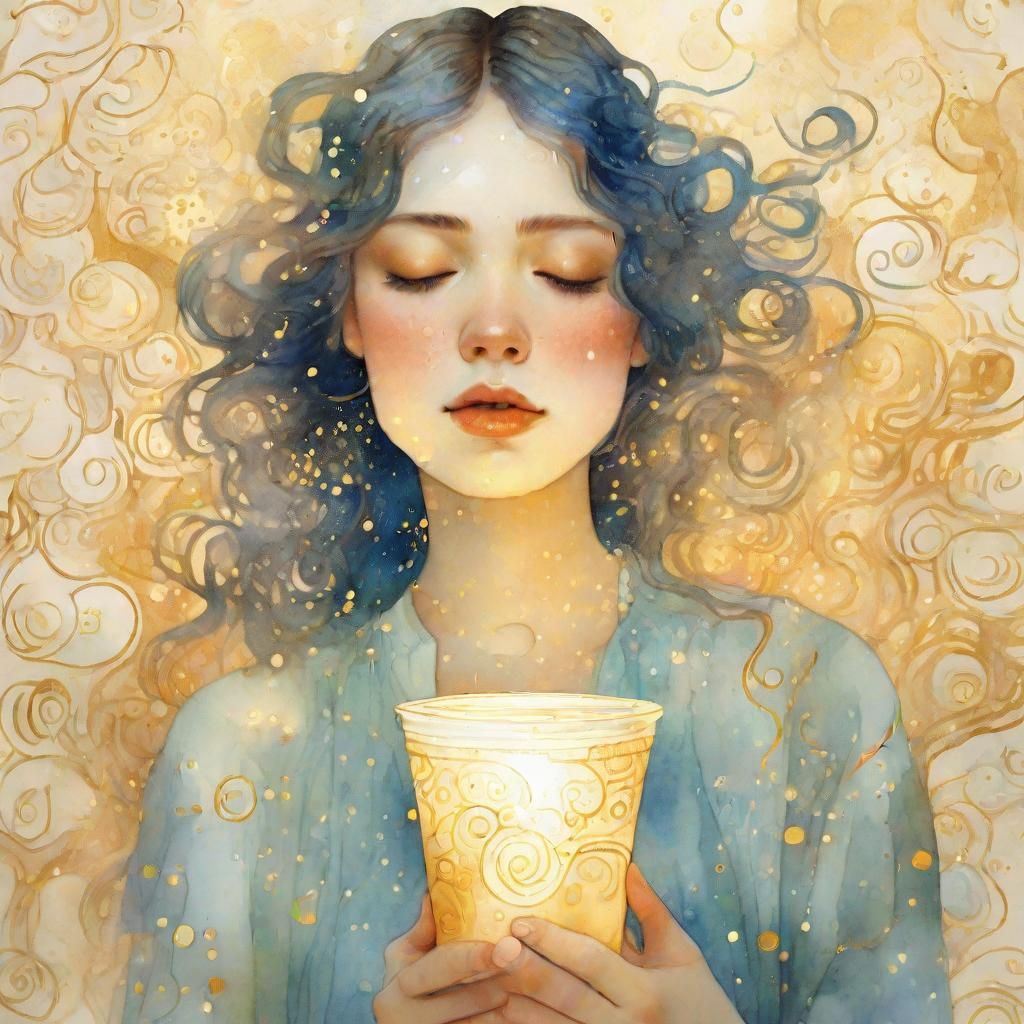 Ethereal Woman with Glowing Rain, Watercolor Art