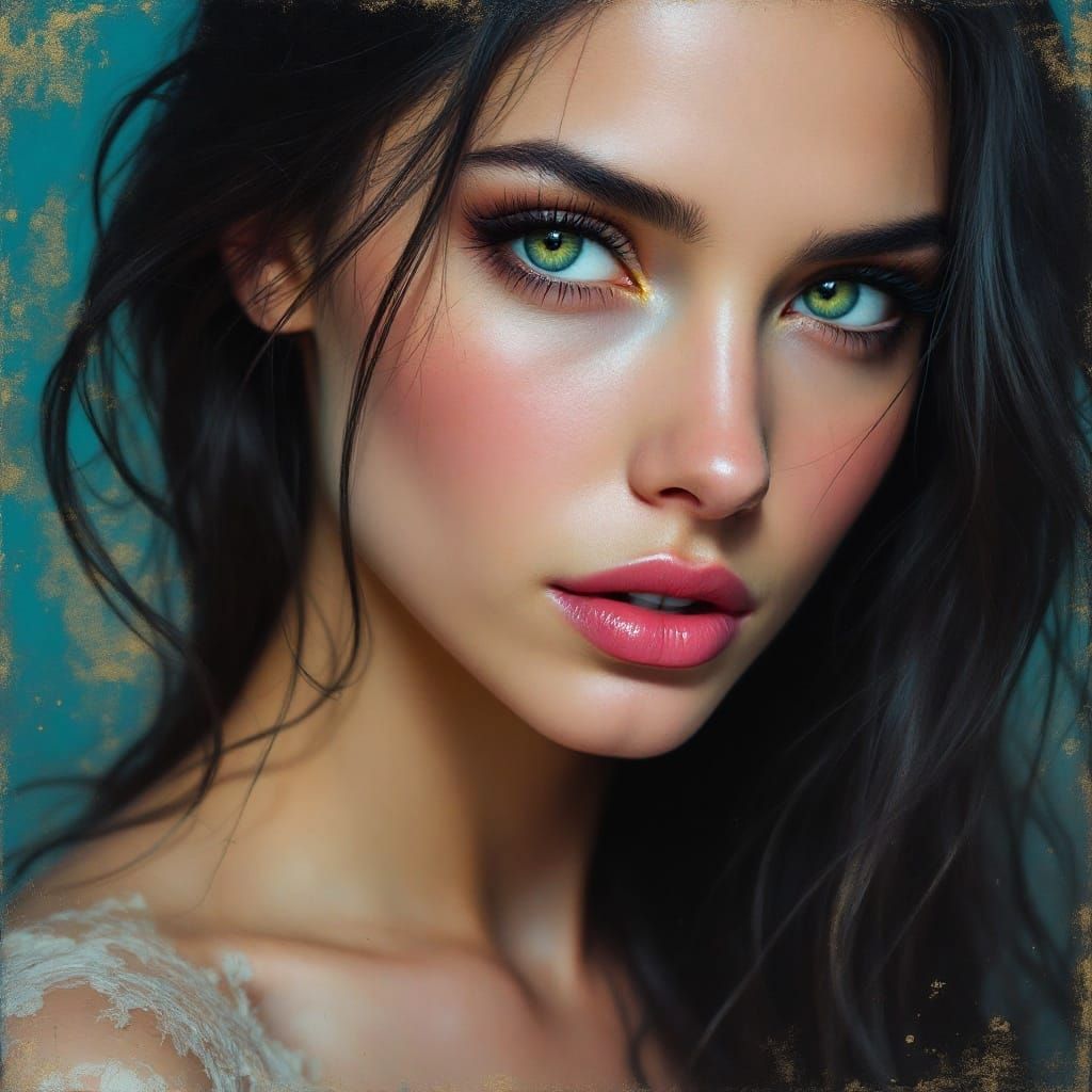 Ethereal Portrait in Aged Oil, with Turquoise and Gold Backg...