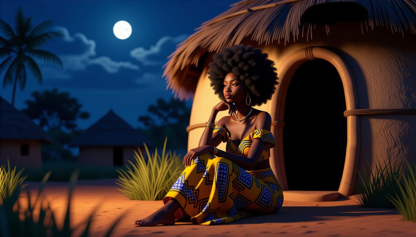African Woman Pondering by Hut in Moonlight, Realistic Anima...