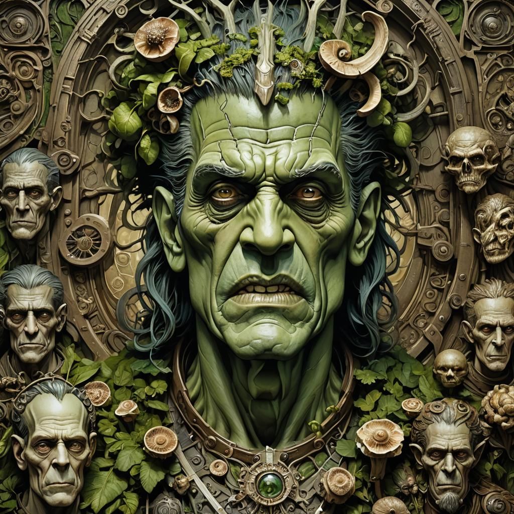 Grotesque Frankenstein Caricature in Expressionist Gothic St...