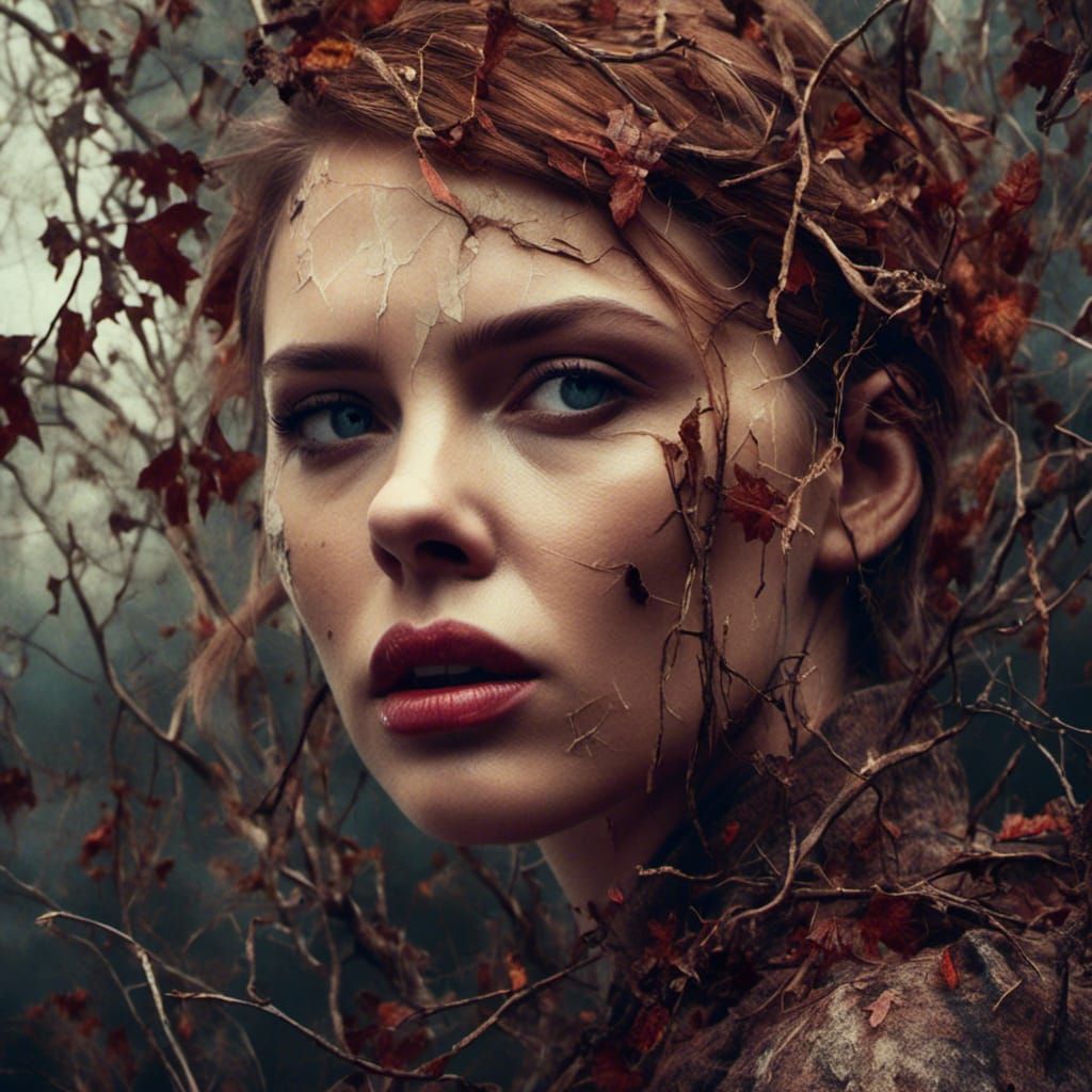 Scarlett Johansson Portrait Blended with Autumn Vines