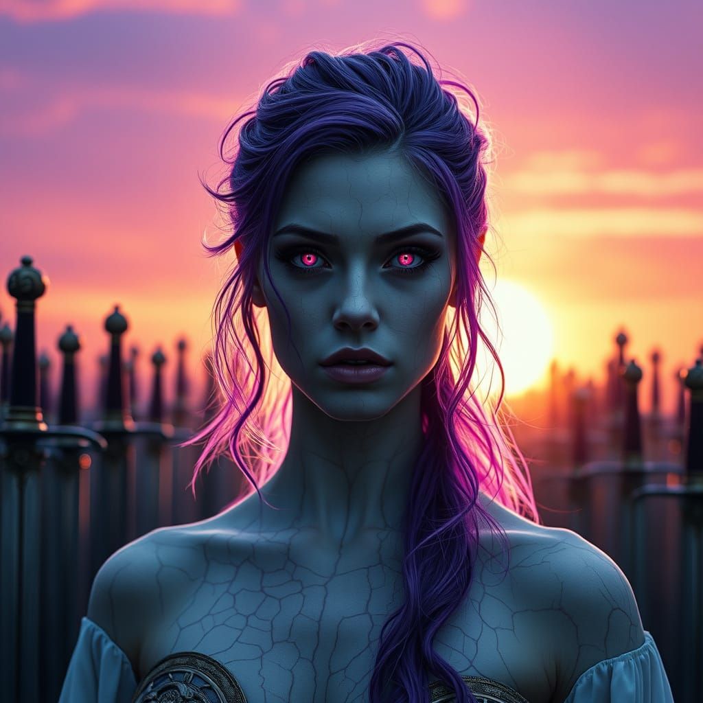 Regal Porcelain Maiden in a Dawn of Swords, Amidst a Majesti...