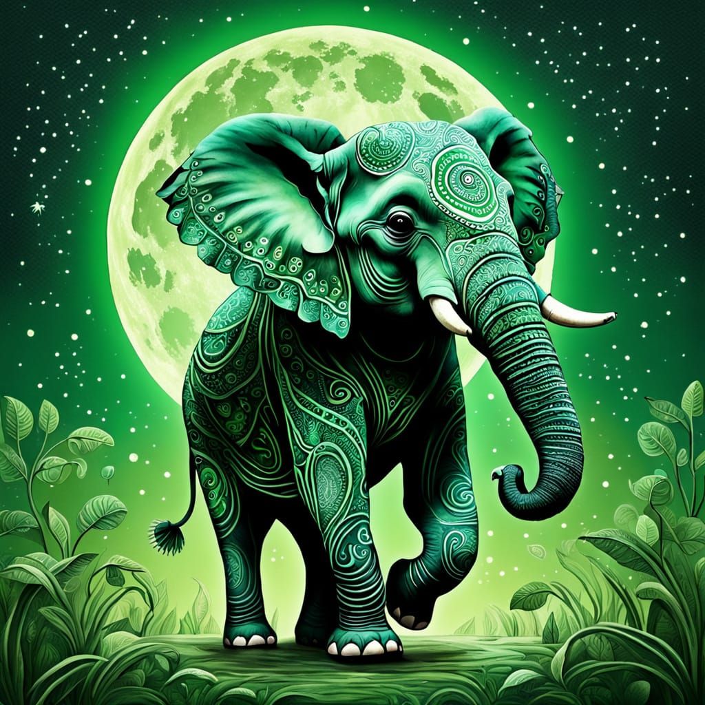 Dancing Paisley Elephant Under Green Moon Art