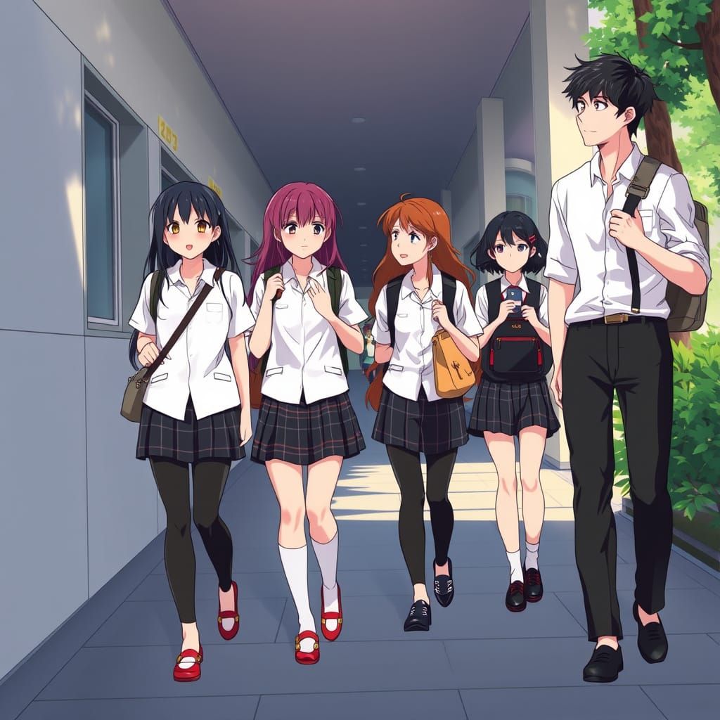 Anime High School Students Walking to Class