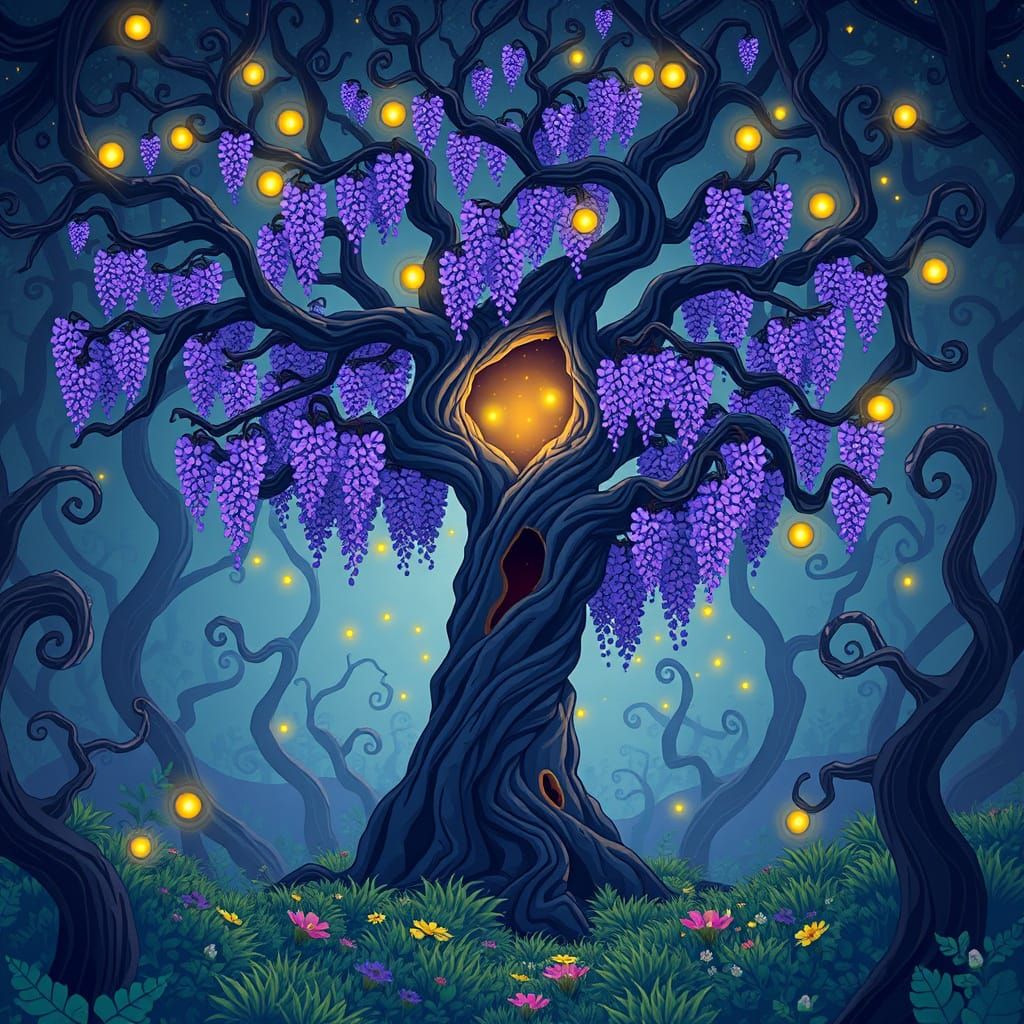 Whimsical Forest Scene in Dark Fantasy Style