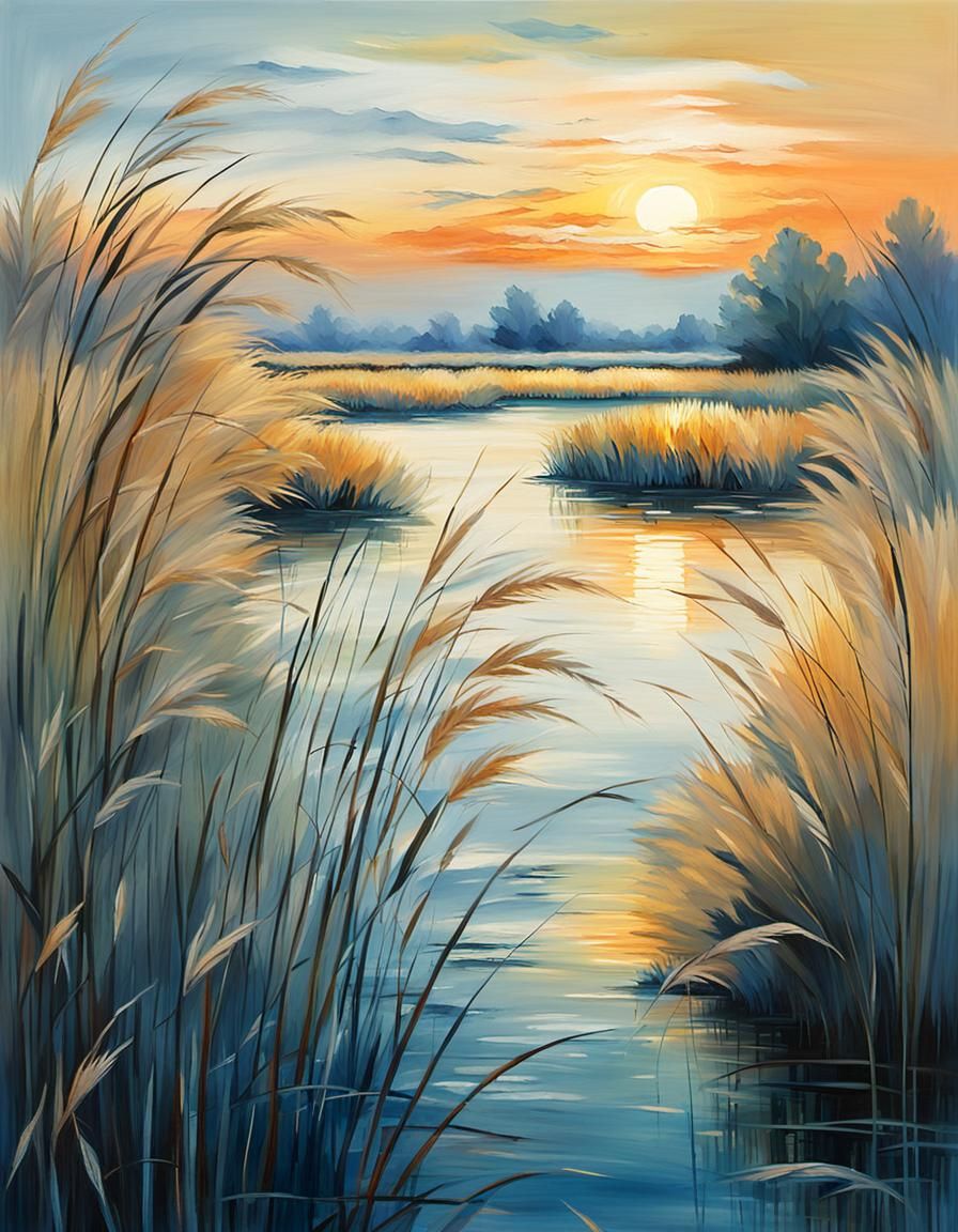 Impressionist Sunset Through Reeds in Broken Color