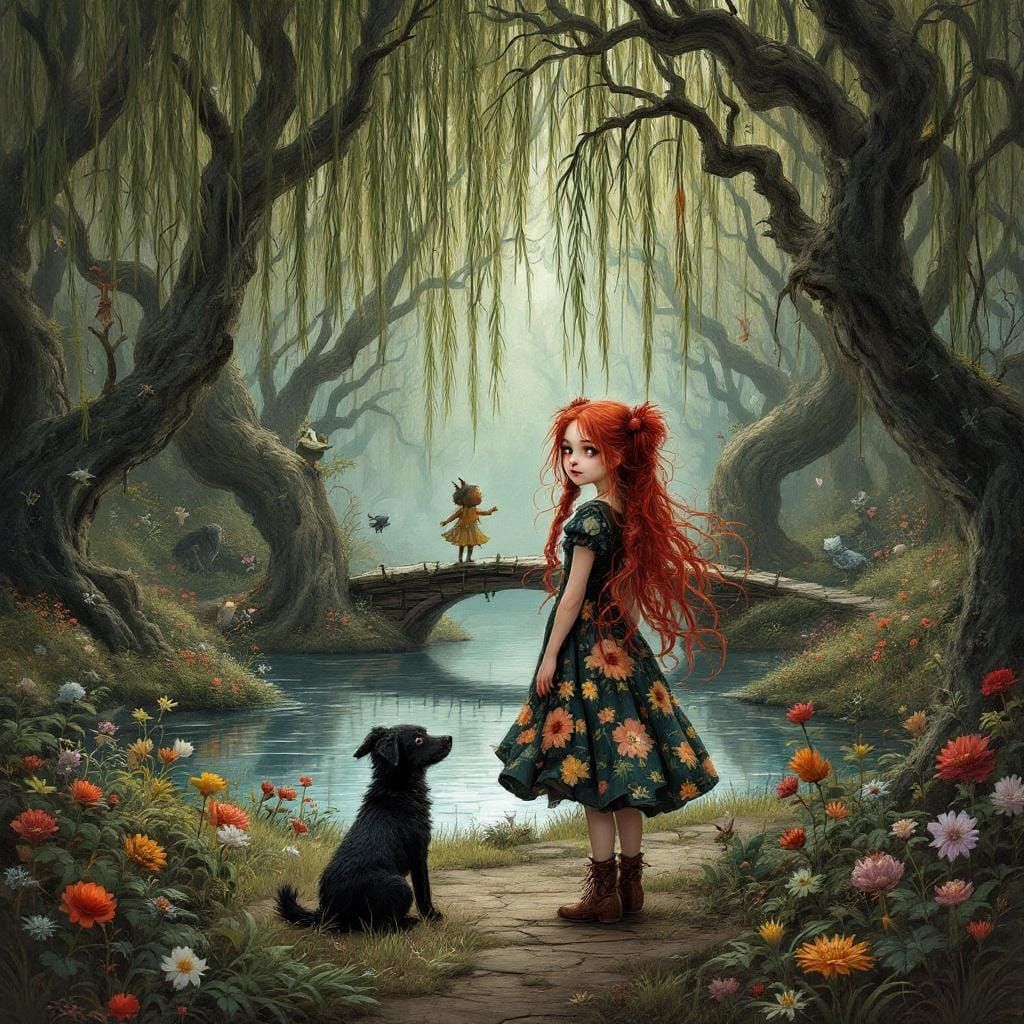 Bohemian Girl with Dog in Whimsical Forest
