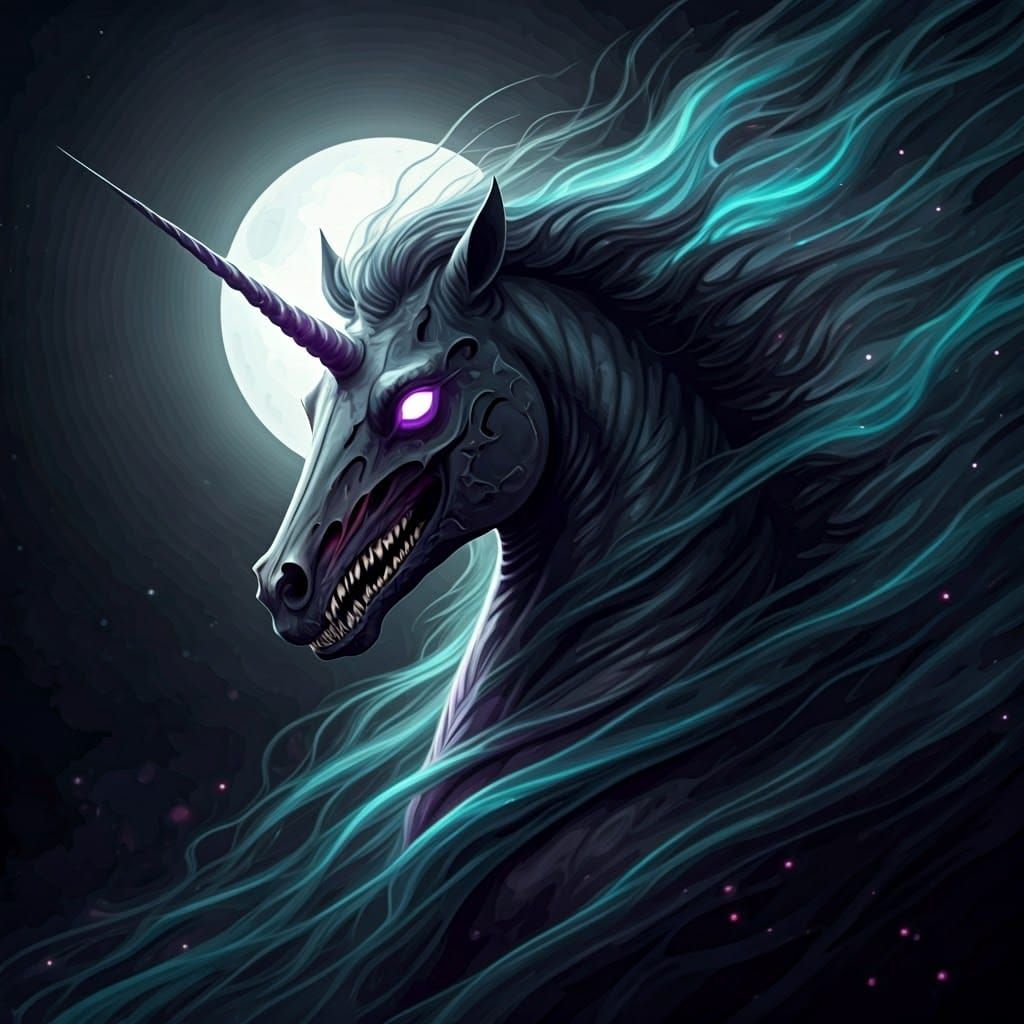 Dark Unicorn in Bioluminescent Watercolor Illustration