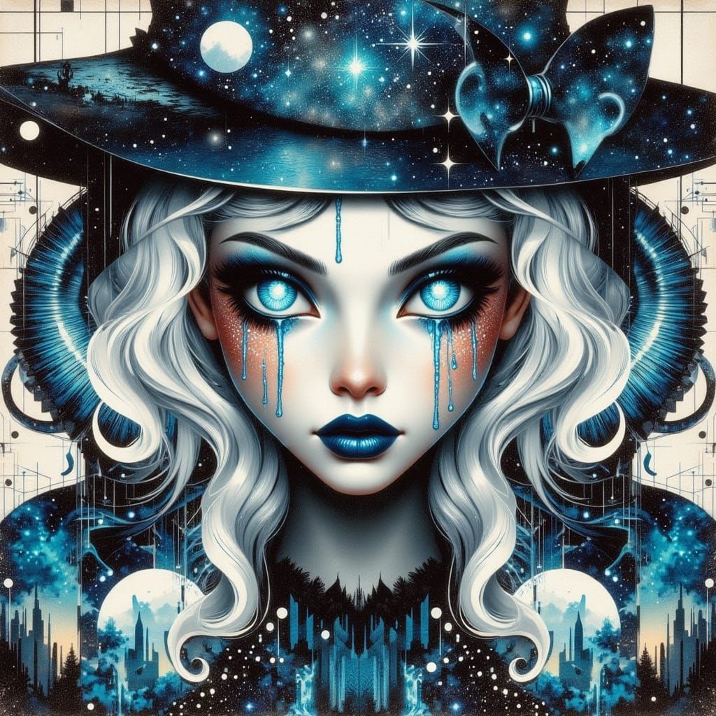 Geometric Witch with Serpentine Hair in Cubist Style