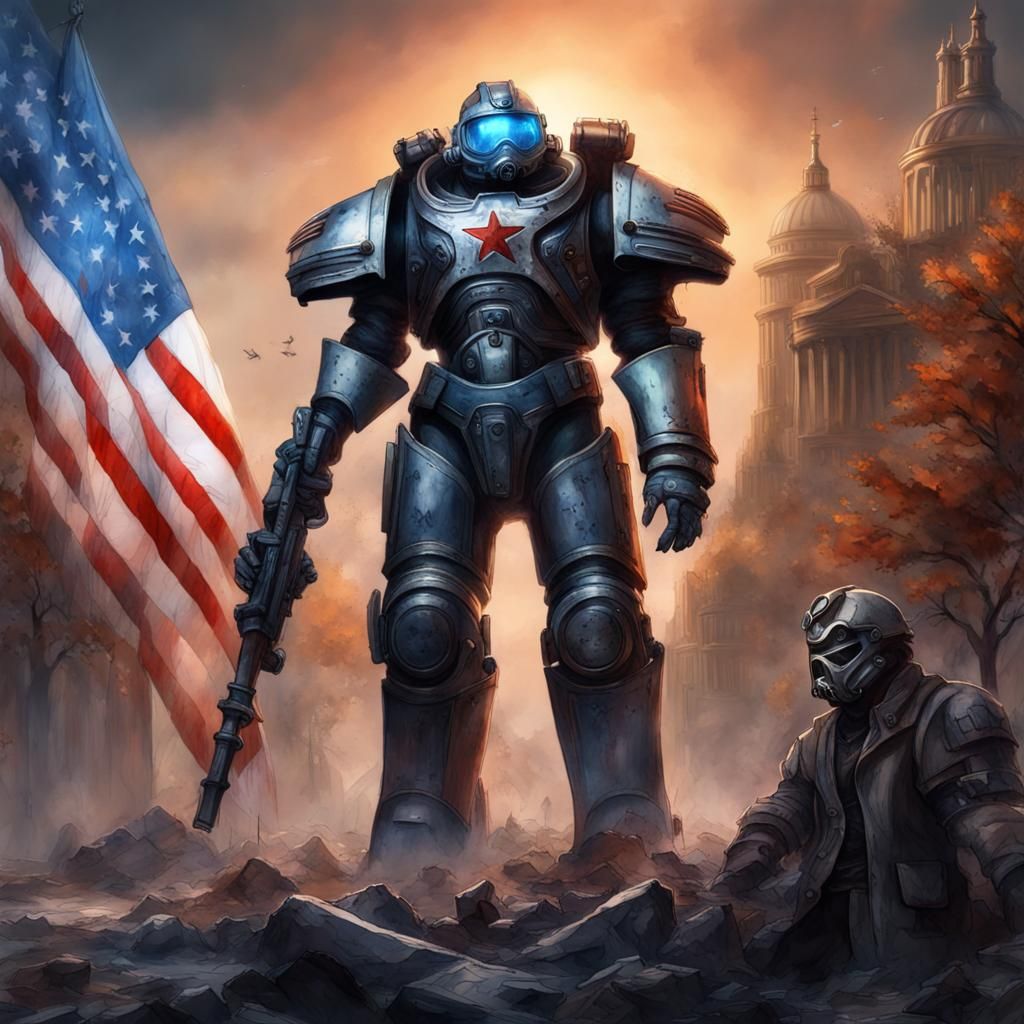 Christian Patriot in Power Armor Overcomes Evil