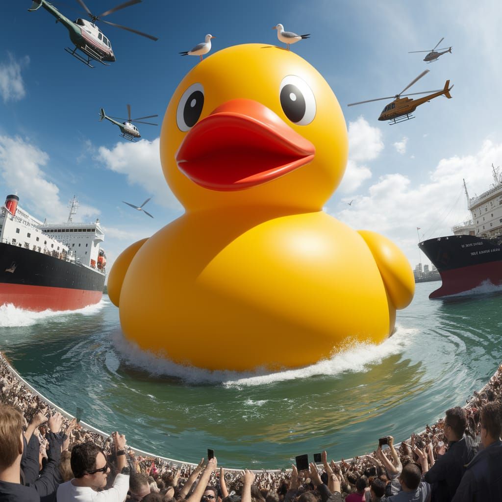 A colossal rubber duck, the size of a skyscraper, floats through a bustling city harbor, dwarfing the ships and building...