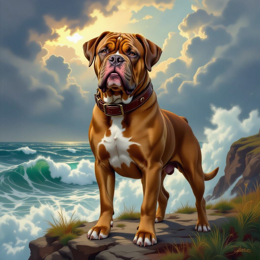 Dogue de Bordeaux on Windswept Cliff in Fantasy Realism