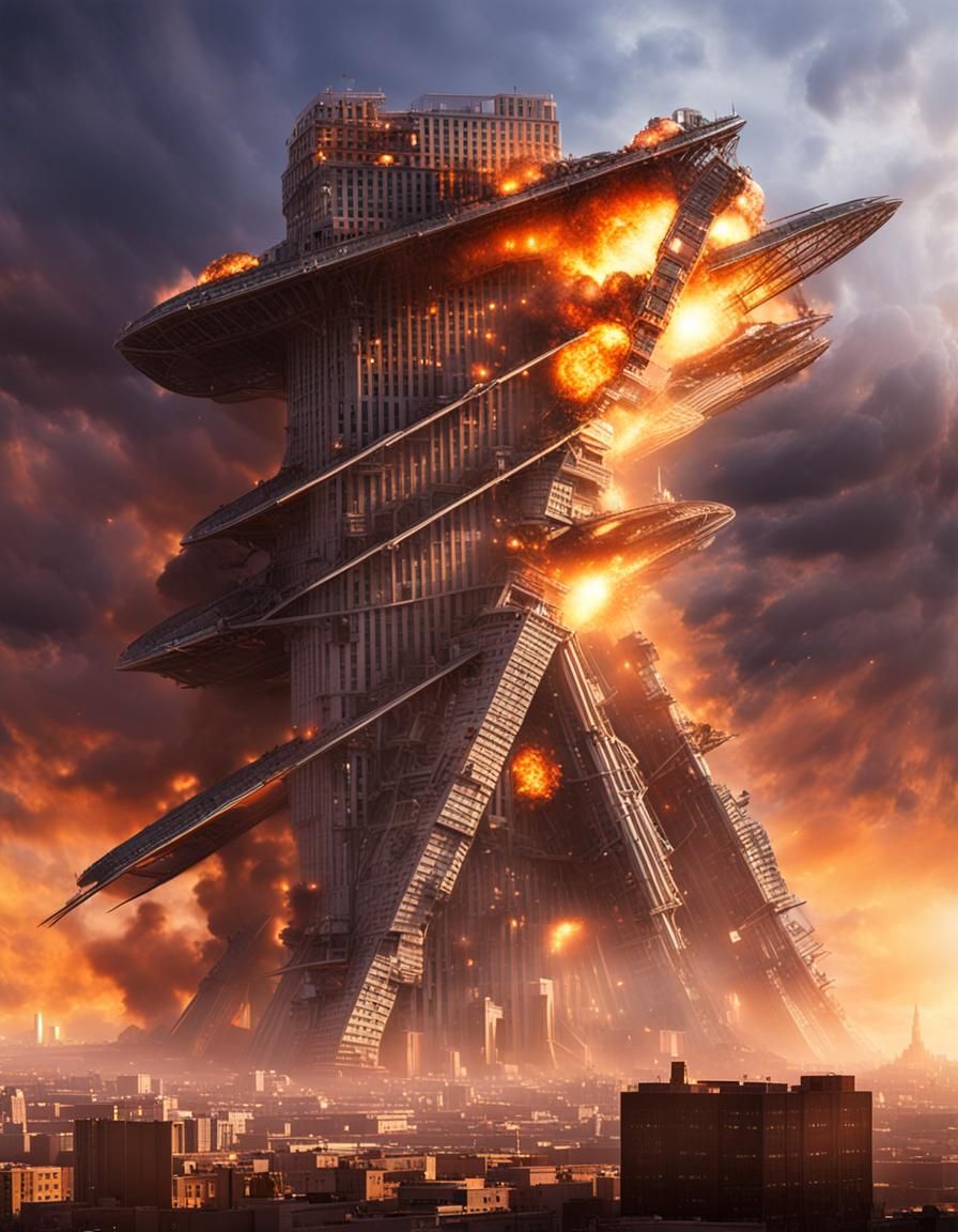 Glowing Nuclear Explosion Illuminates Futuristic Cityscape a...