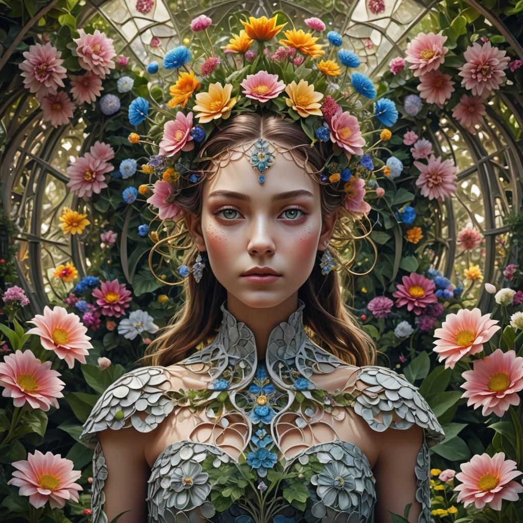 Fractal Princess Portrait in Symmetrical Spring Garden