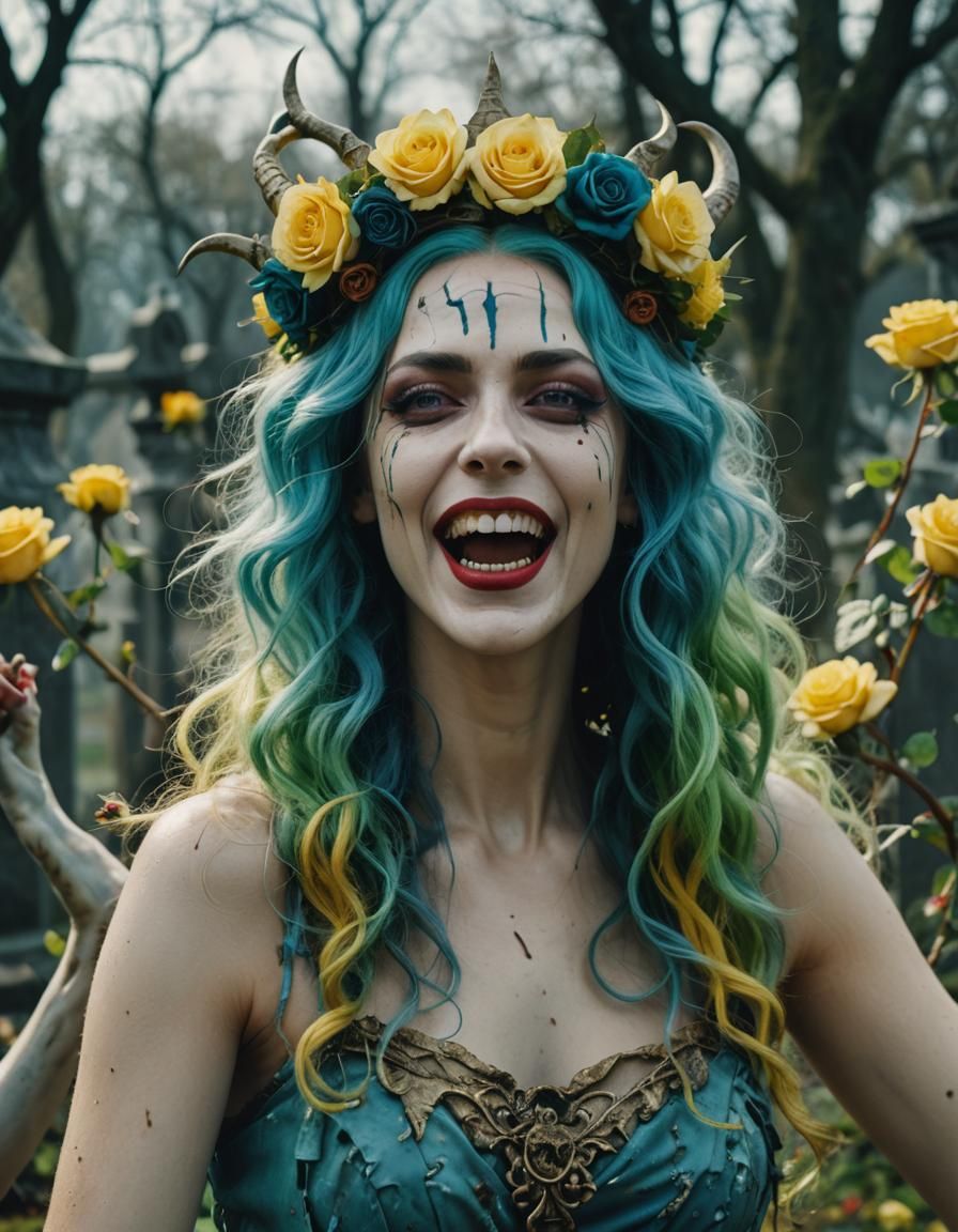 Surreal Naked Woman Dancing in Cemetery with Roses