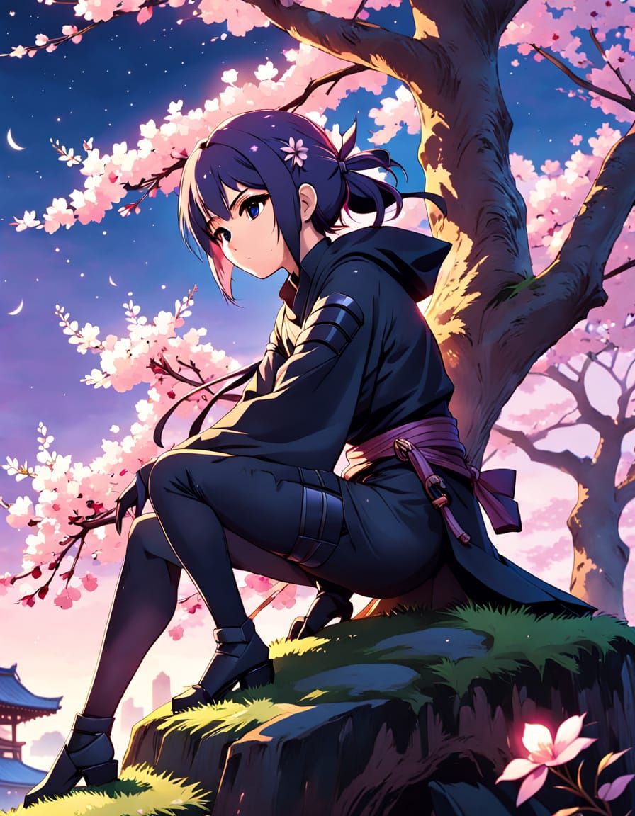 Anime Ninja Watches Japanese Compound at Twilight