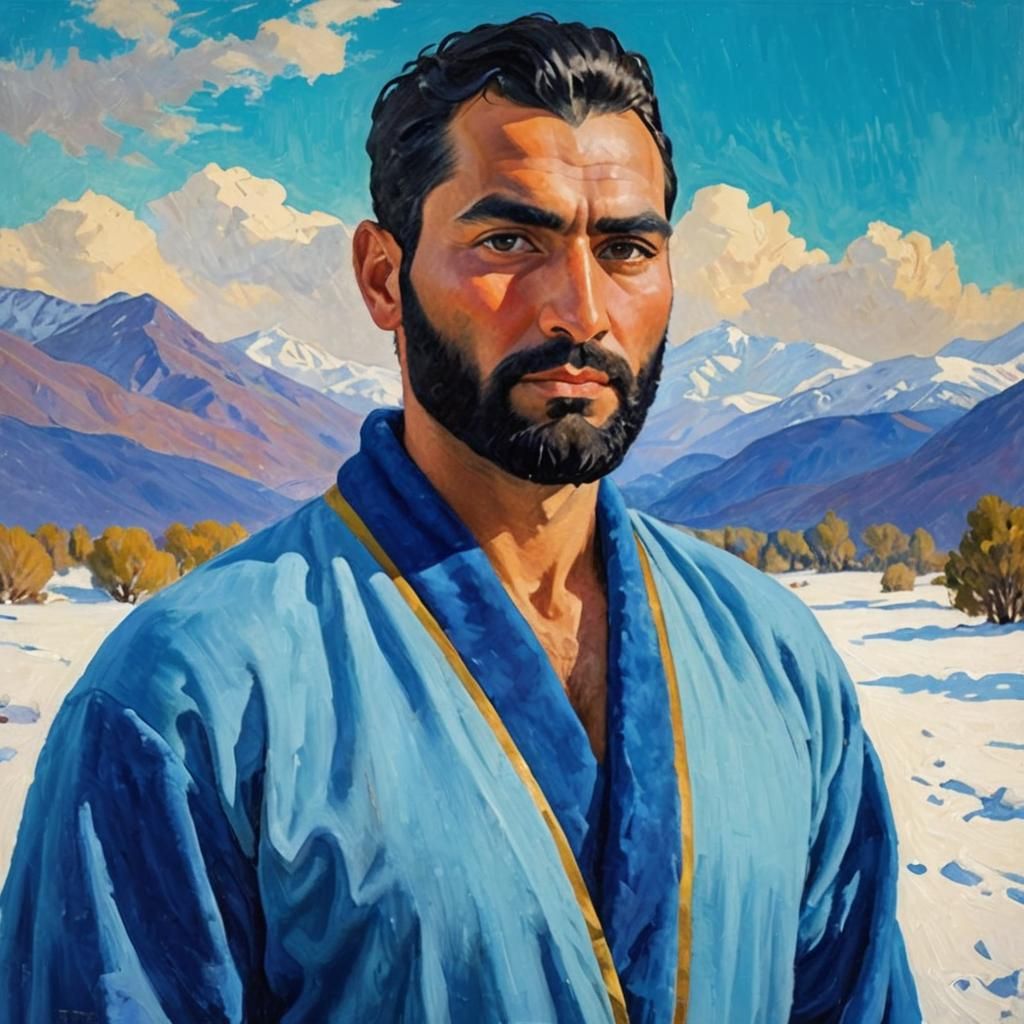 Arab Man in Snowy Landscape: Impressionist Oil Painting
