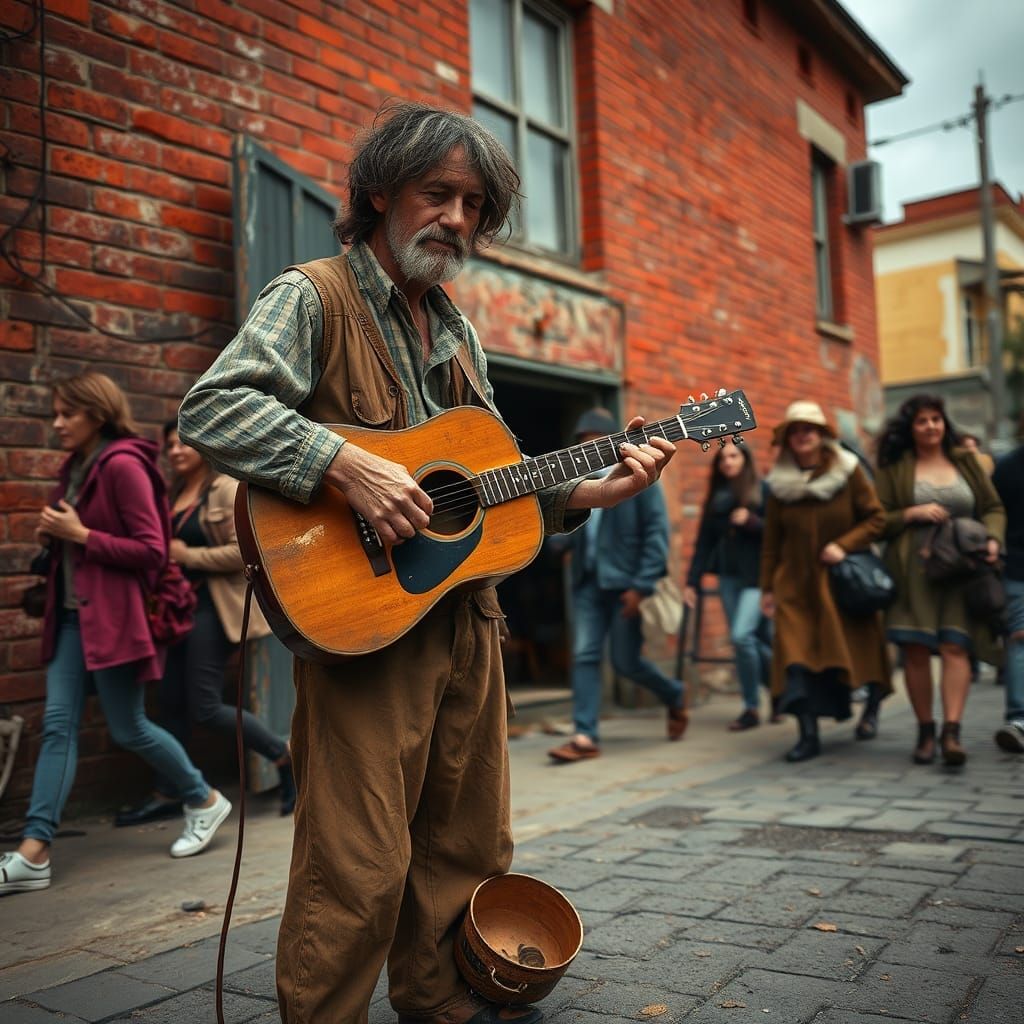 Street Musician's Plea: An Artstation-Inspired Scene