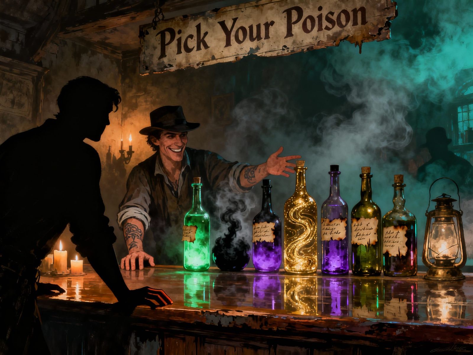 Fantasy Tavern Bartender and Mysterious Bottles