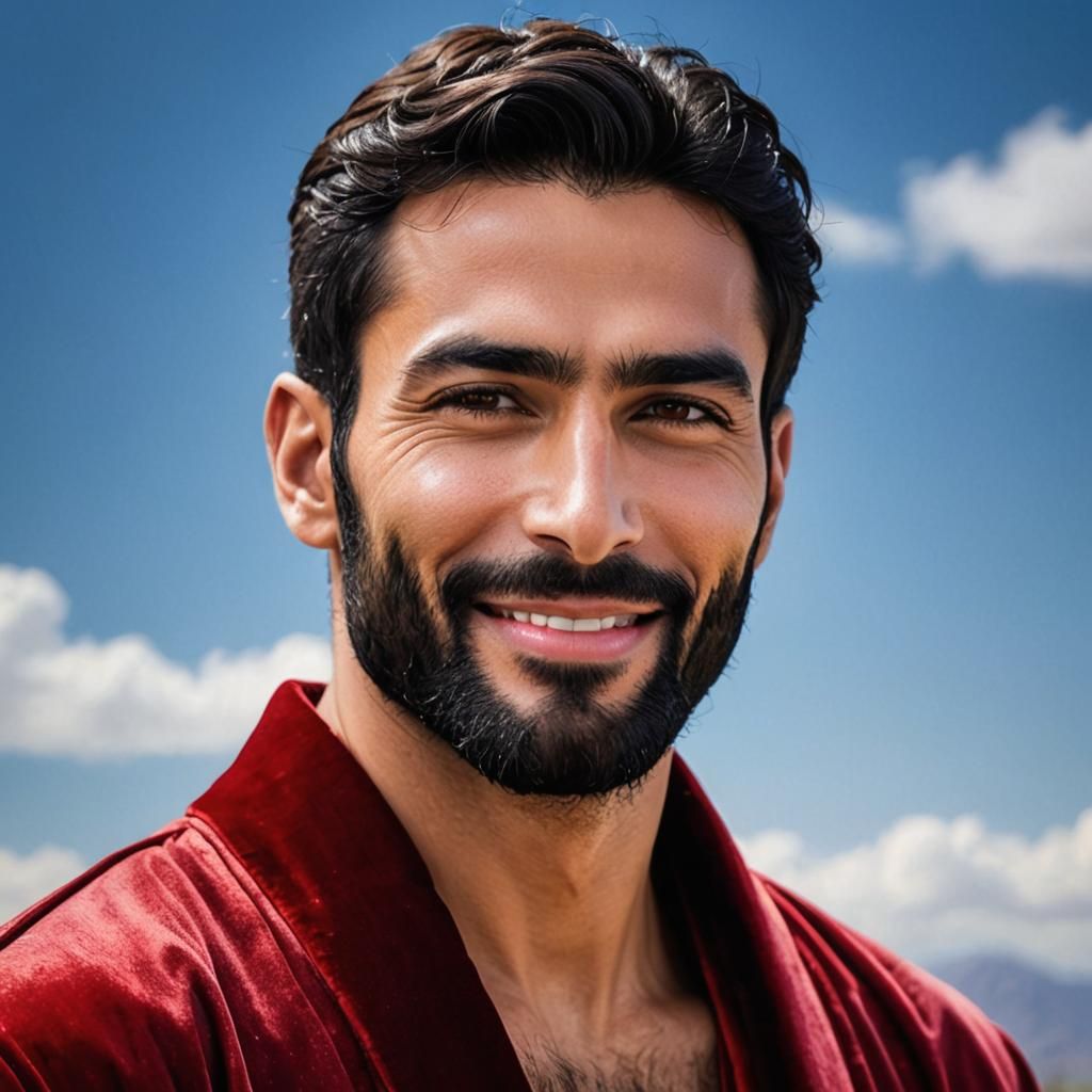 Joyful Man in Red Velvet Bathrobe