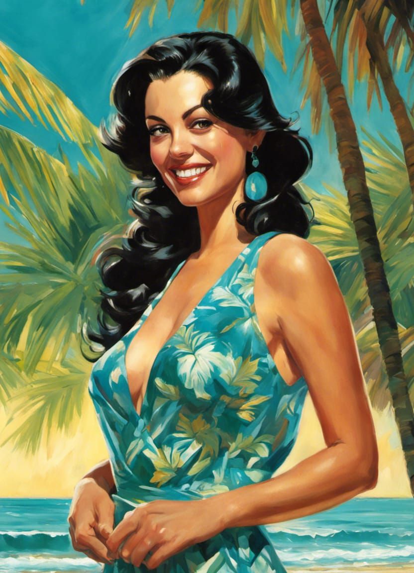 Tropical Beach Pin-Up Illustration in Art Style