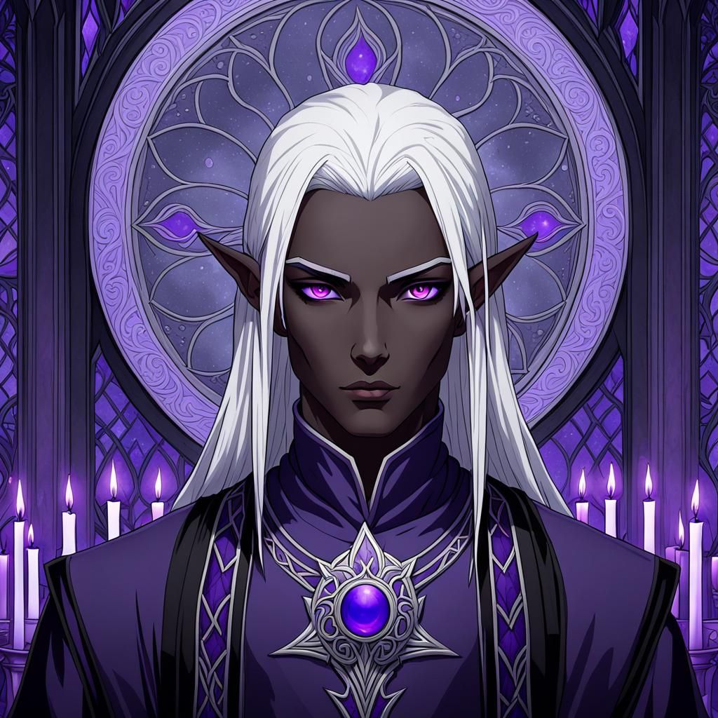 Mysterious Drow in Moon Temple with Violet Candles