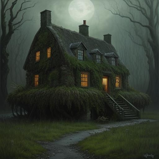 Desolate Island Witch's Cottage: Hyperrealistic Oil Painting
