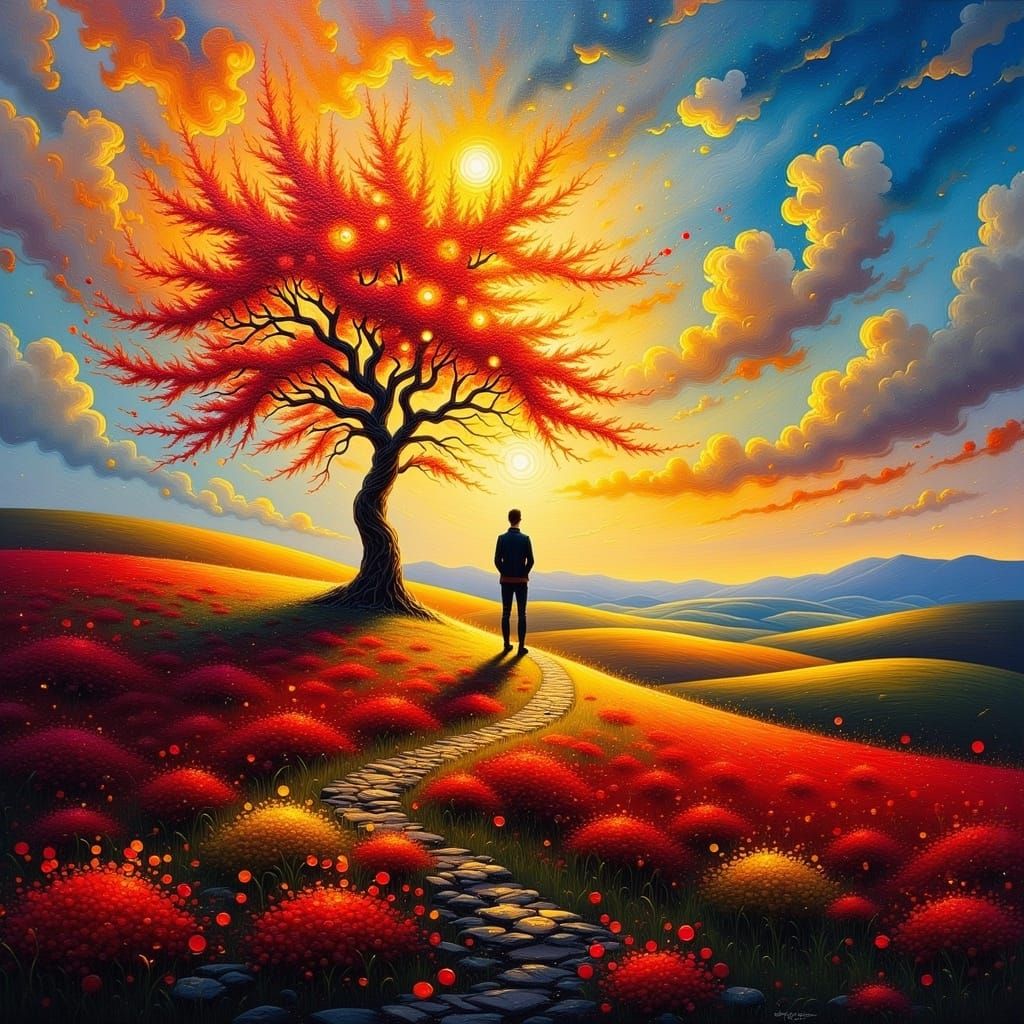 Surreal Figure Blends with Vibrant Landscape