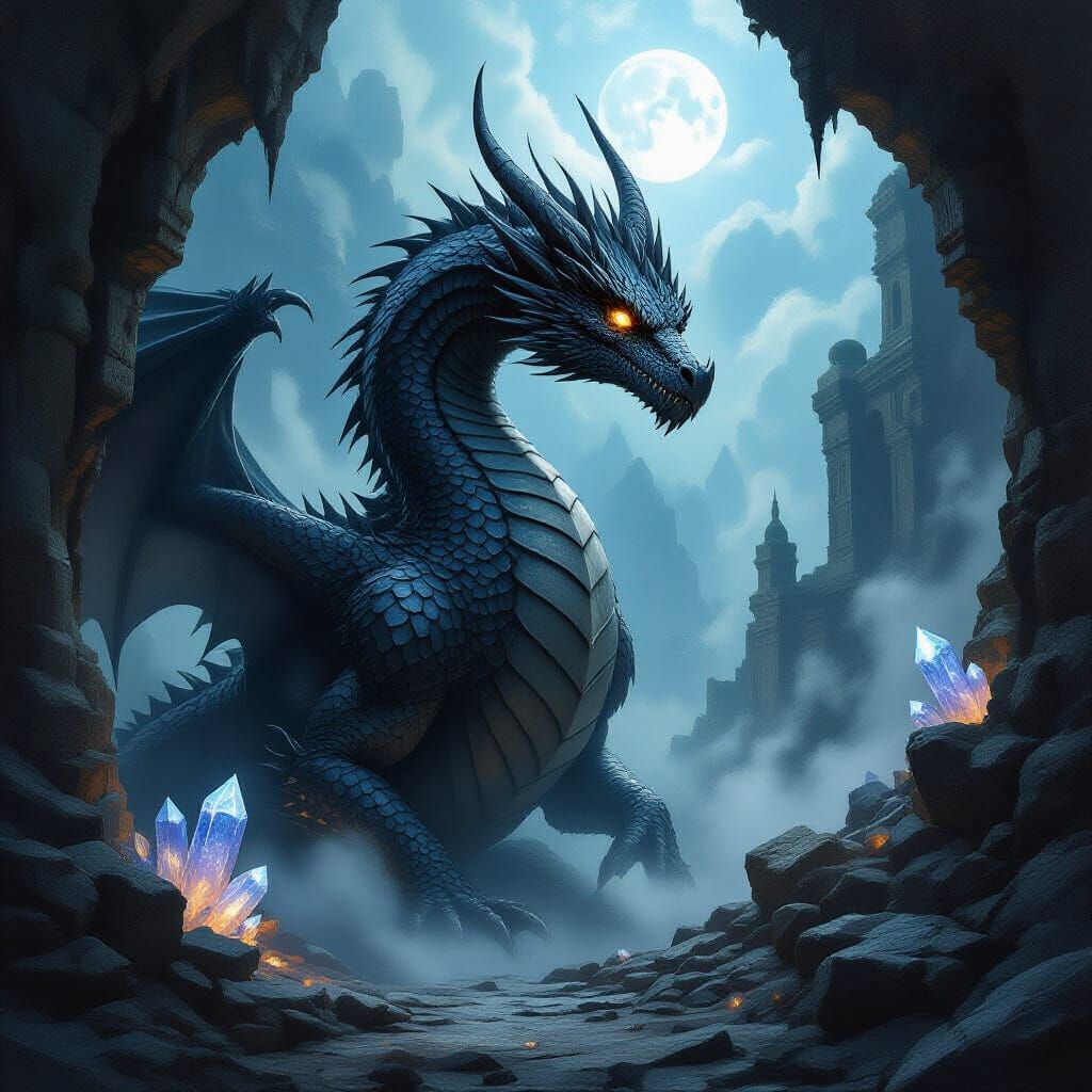 Obsidian Dragon Guards Crystal Chasm - Dark Fantasy Art