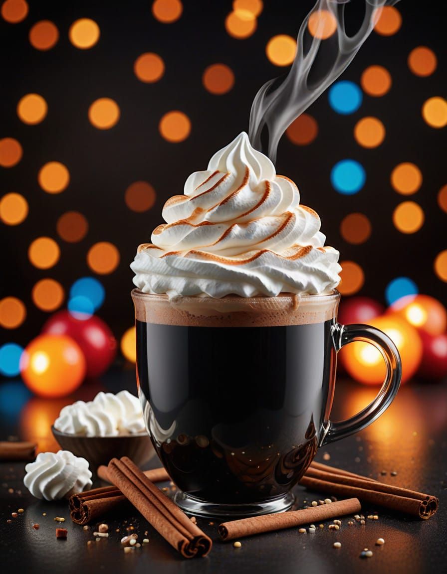 Luxurious Hot Cocoa in Solid Black Cup with Whip Cream and C...
