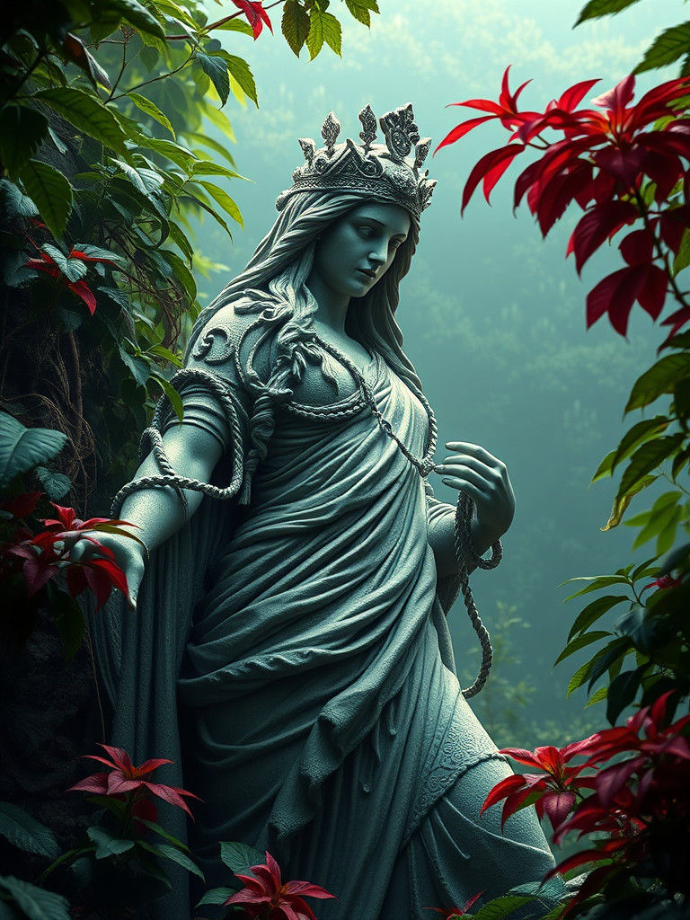 Jungle Goddess: Ancient Statue in Lush Vegetation
