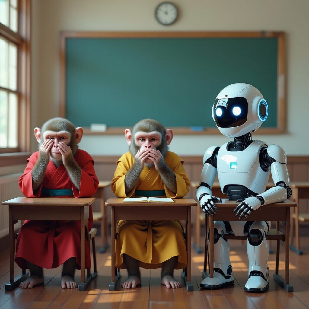 Three Wise Monkeys Meet a Cyberpunk Robot