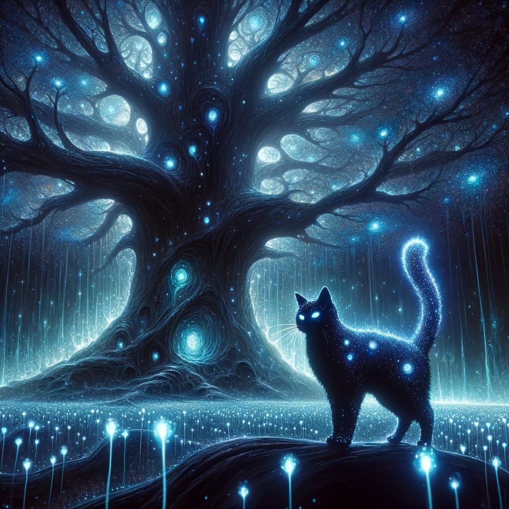 Luminescent Cat Before Ancient Tree with Dream Portals