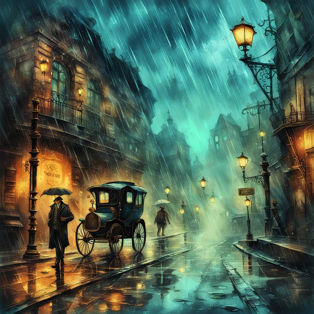 Steampunk Street Scene in Ink Painting Style