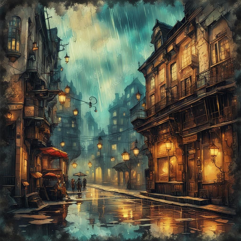 Rainy Steampunk Street in Ink Painting Style