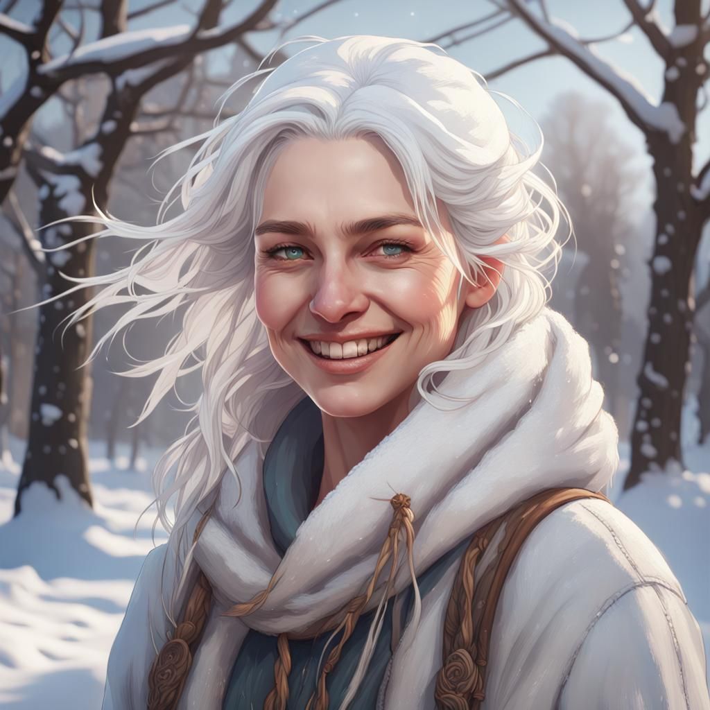 Ukrainian Woman Smiling in Snow, Hyperdetailed Portrait