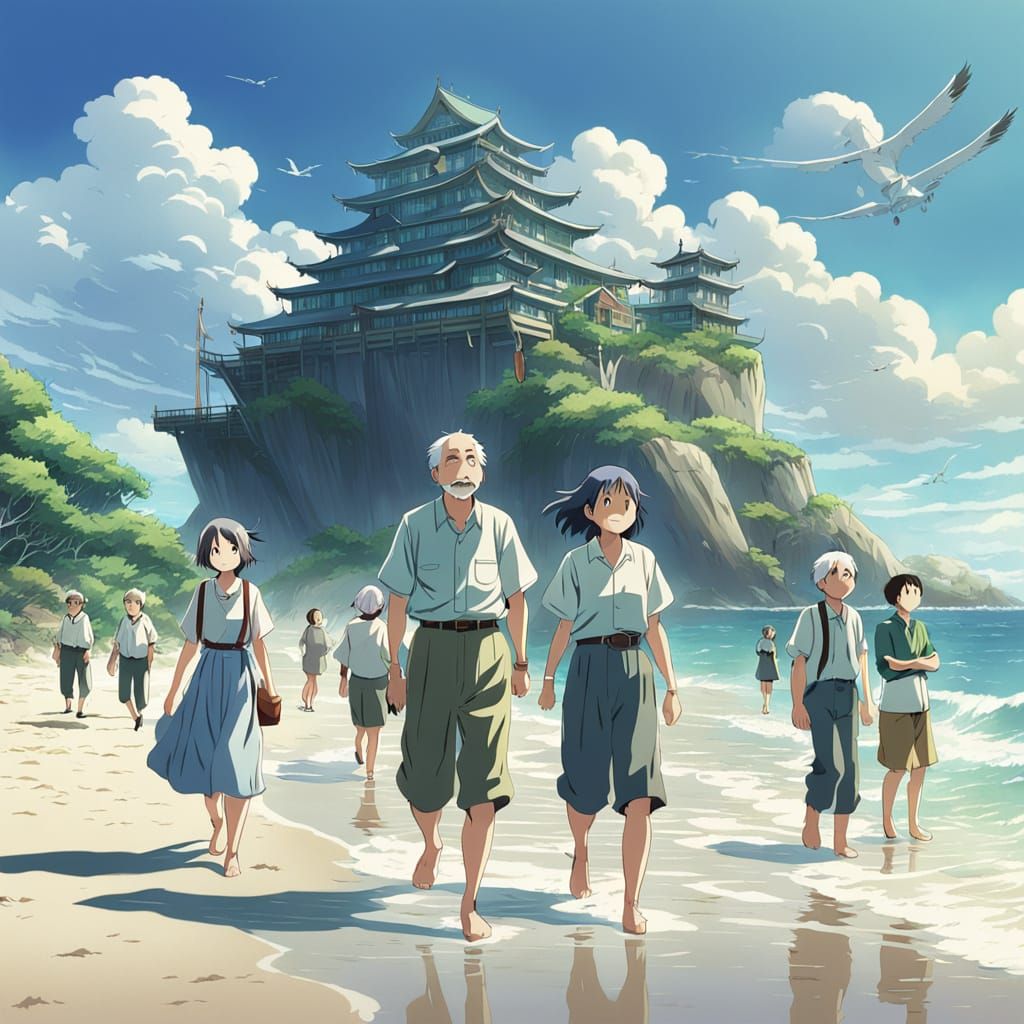 Joyful Seniors at the Beach in Anime Style