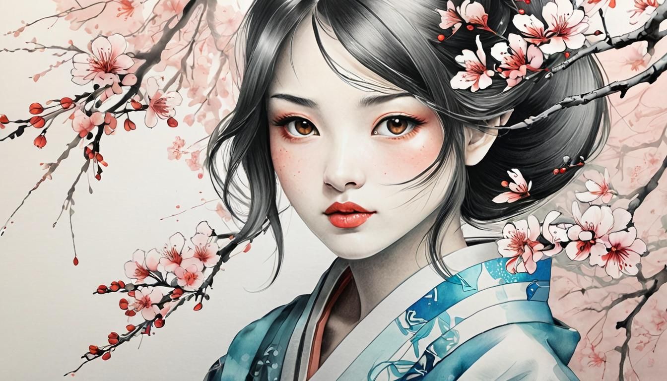 Girl in Spring: Japan Style Pencil Drawing