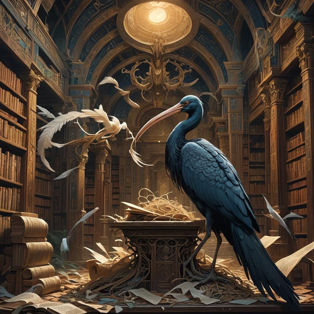 Ibis Thoth Builds Scroll Nest in Mystical Library
