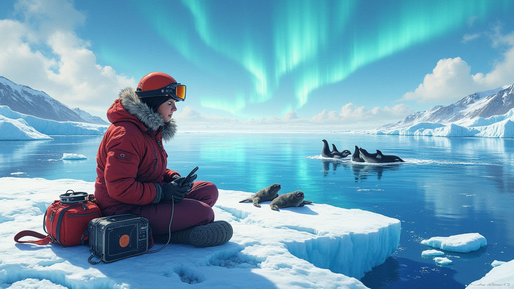 Scientist in Polar Landscape with Ancient Ice Cores and Mari...