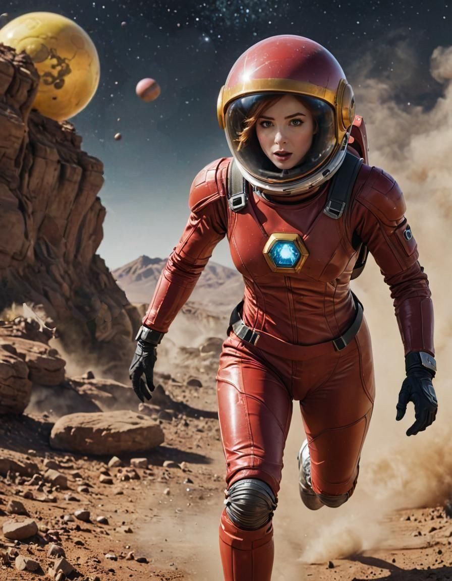 Woman in Red Spacesuit Running on Alien Planet