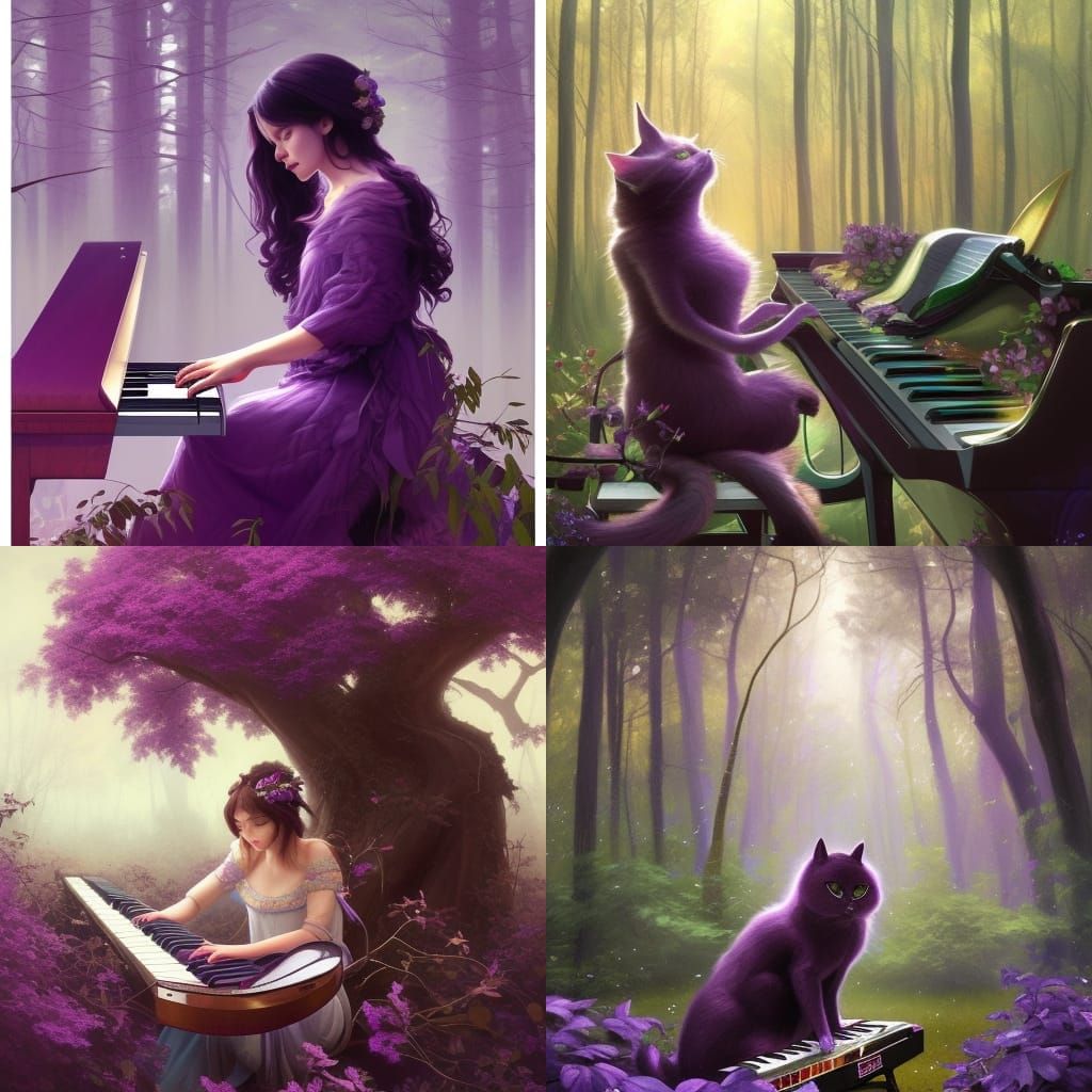 Cat Keyboardist in Purple Forest, Digital Art