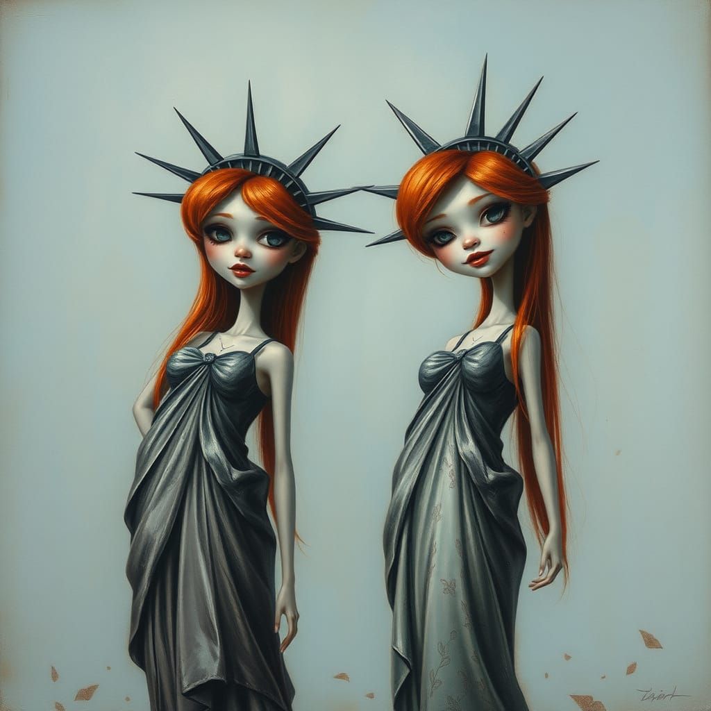 Whimsical Pin-Up Statues in Surreal Landscape