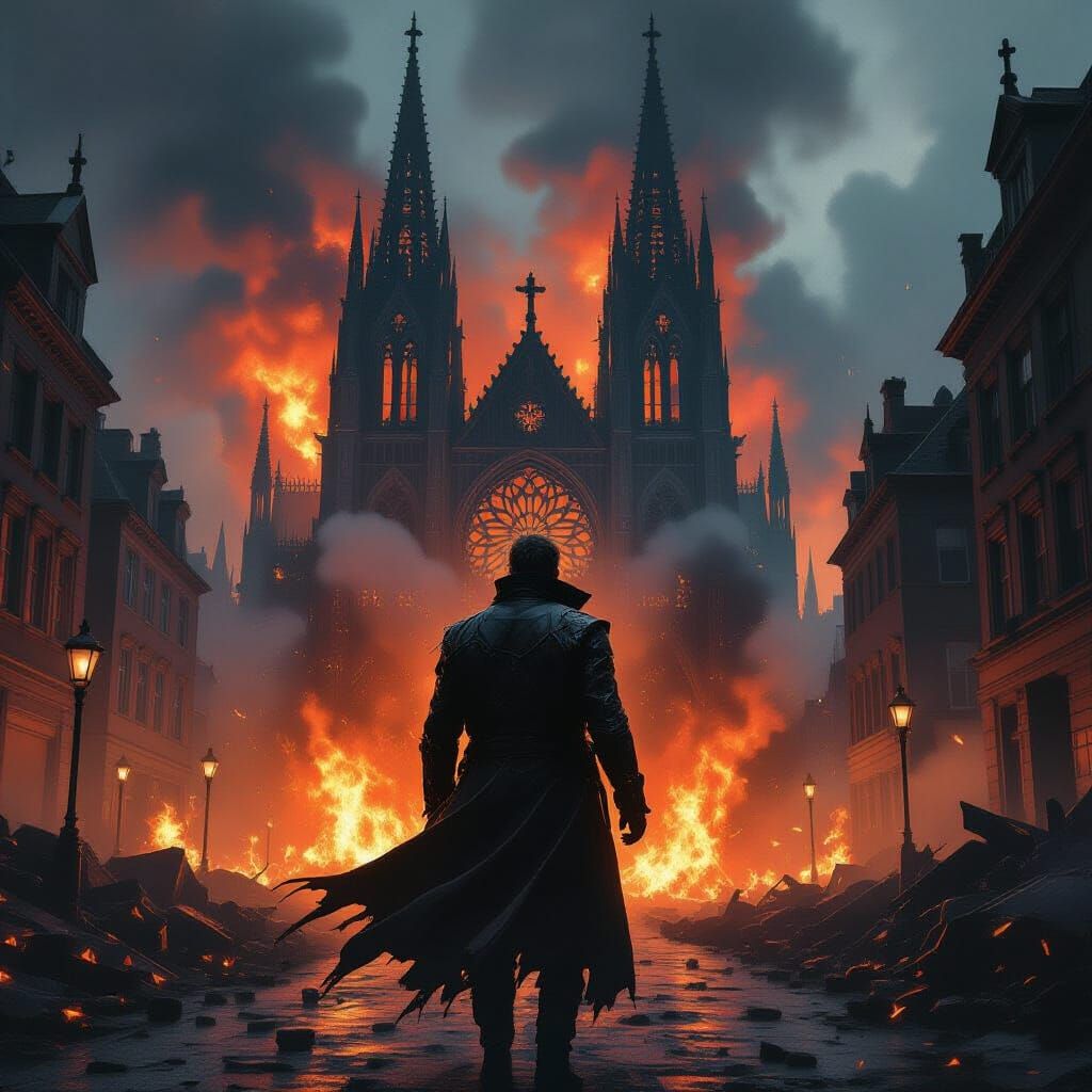 Vampire Hunter Silhouette Against Burning Cathedral in Dysto...