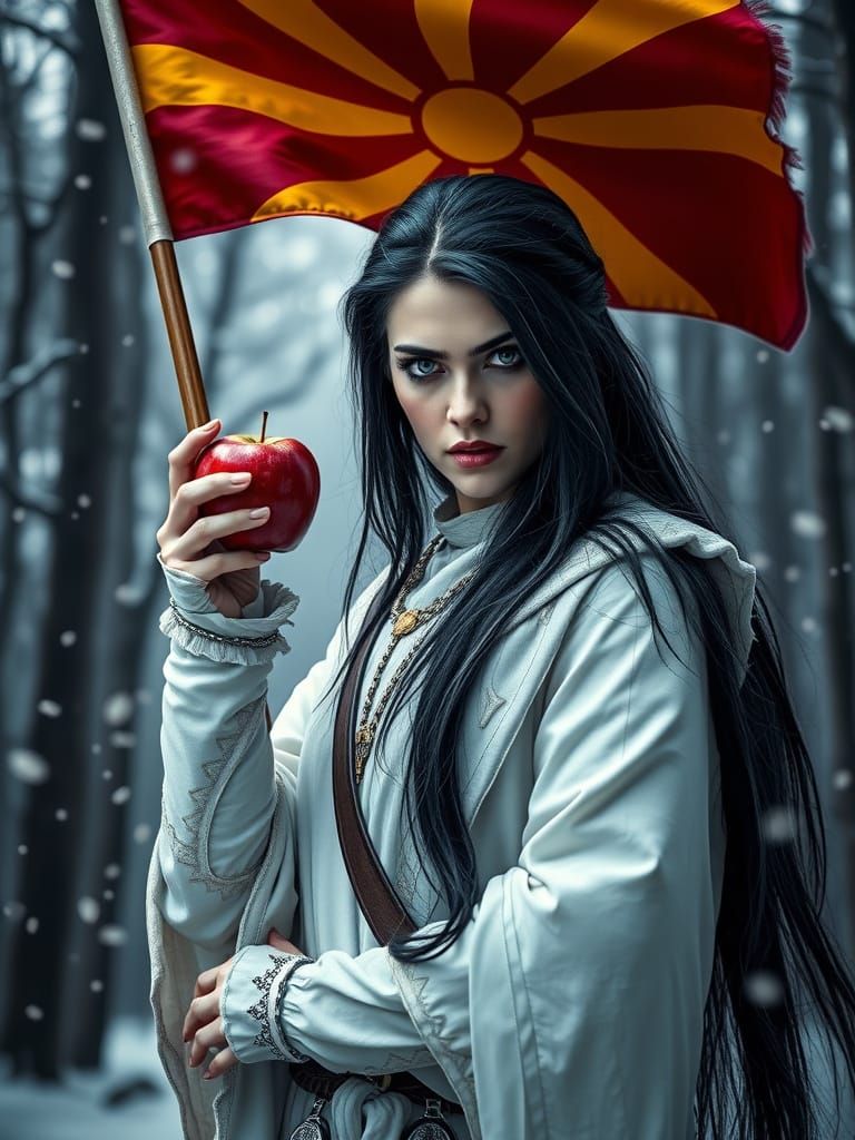Evil Warrior Woman Offers Apple with Macedonian Flag in Snow...
