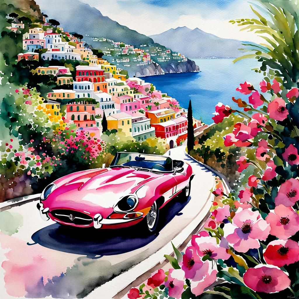Pink Jaguar E-Type Drives Through Positano: Watercolor