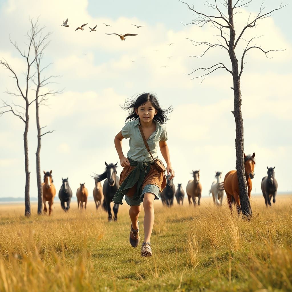 Tall Sioux Girl Herding Horses in a Soft Watercolor Moor