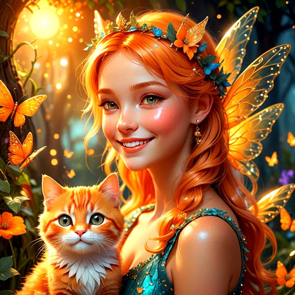 Whimsical Fairy with Orange Cat in Vibrant Fantasy Art
